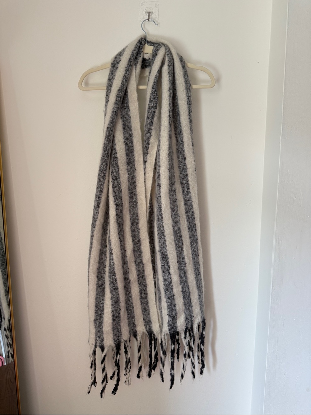 Anthropologie Black and Cream Striped Fringe Throw